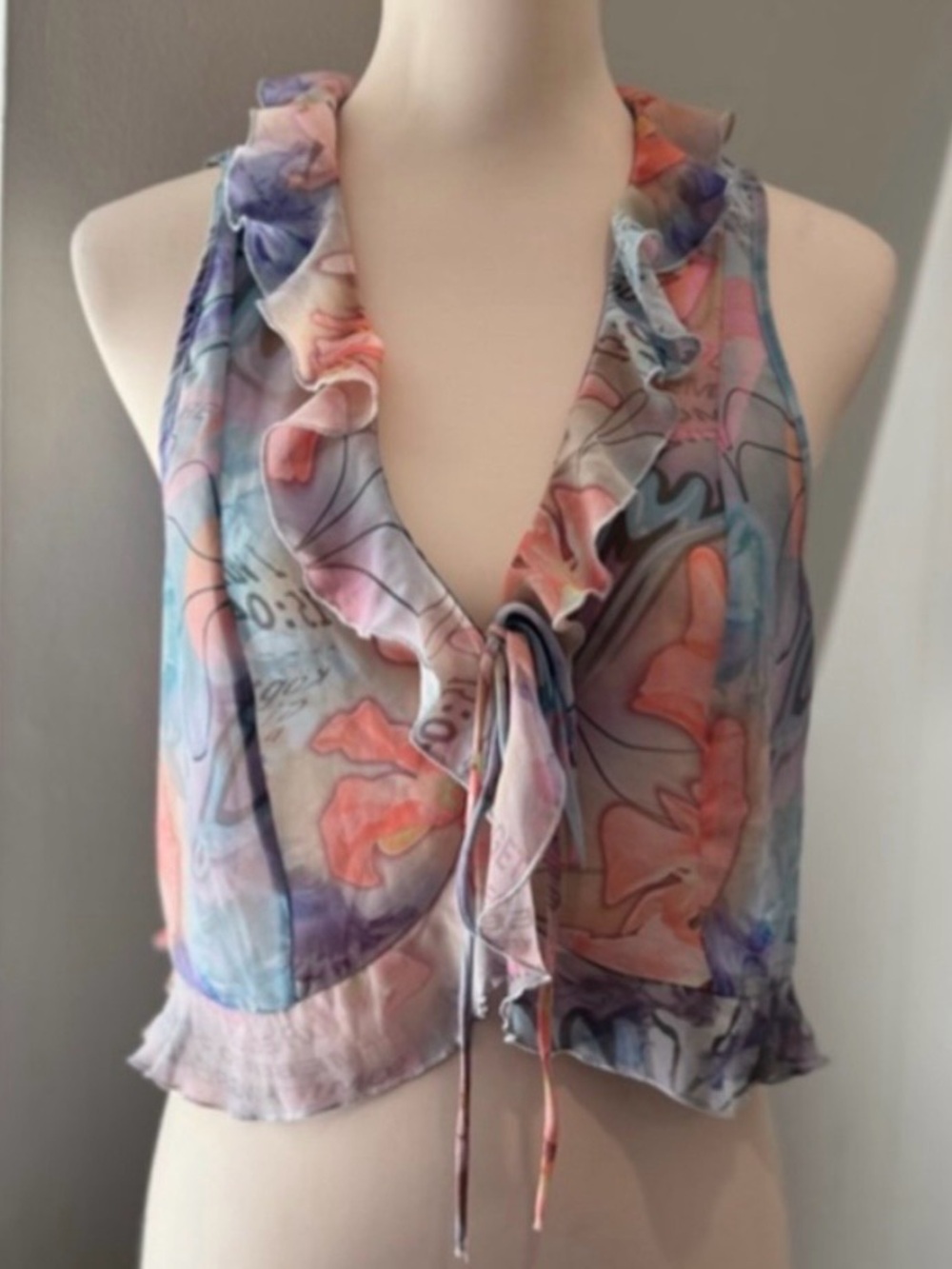 Weekday Sheer Ruffle Tie Front Top Floral Abstract Print Blouse Size Large